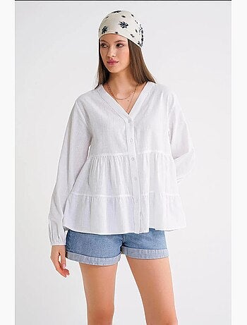 Chemise en coton à manches longues et col en v à volants mixray