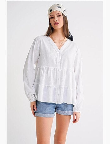 Chemise en coton à manches longues et col en v à volants mixray