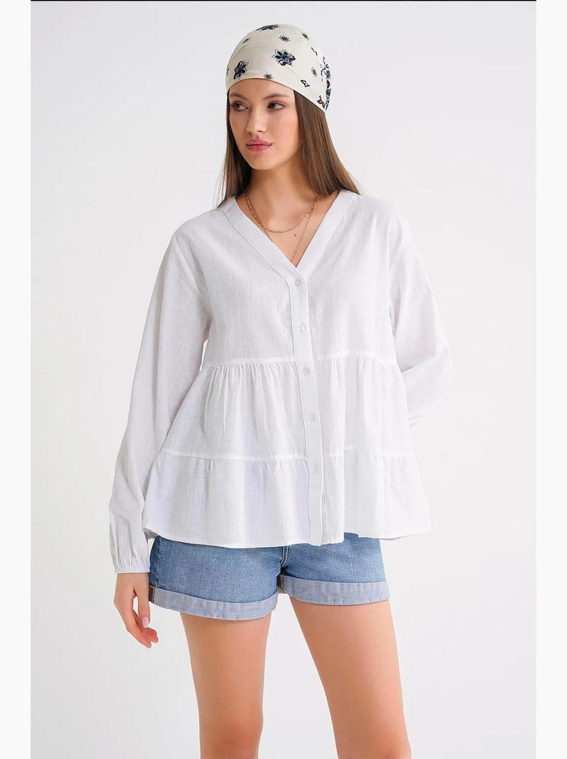 Chemise en coton à manches longues et col en v à volants mixray Blanc - Kiabi