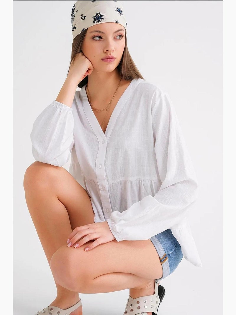 Chemise en coton à manches longues et col en v à volants mixray Blanc - Kiabi