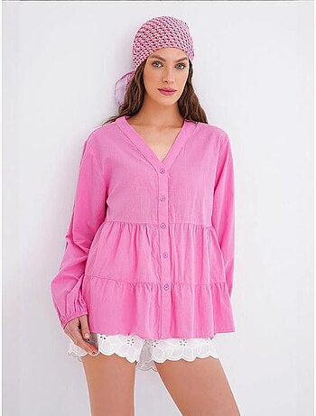 Chemise en coton à manches longues et col en v à volants mixray