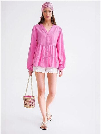 Chemise en coton à manches longues et col en v à volants mixray