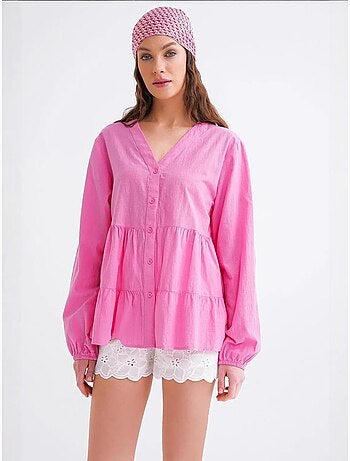 Chemise en coton à manches longues et col en v à volants mixray