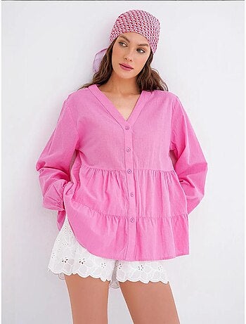 Chemise en coton à manches longues et col en v à volants mixray
