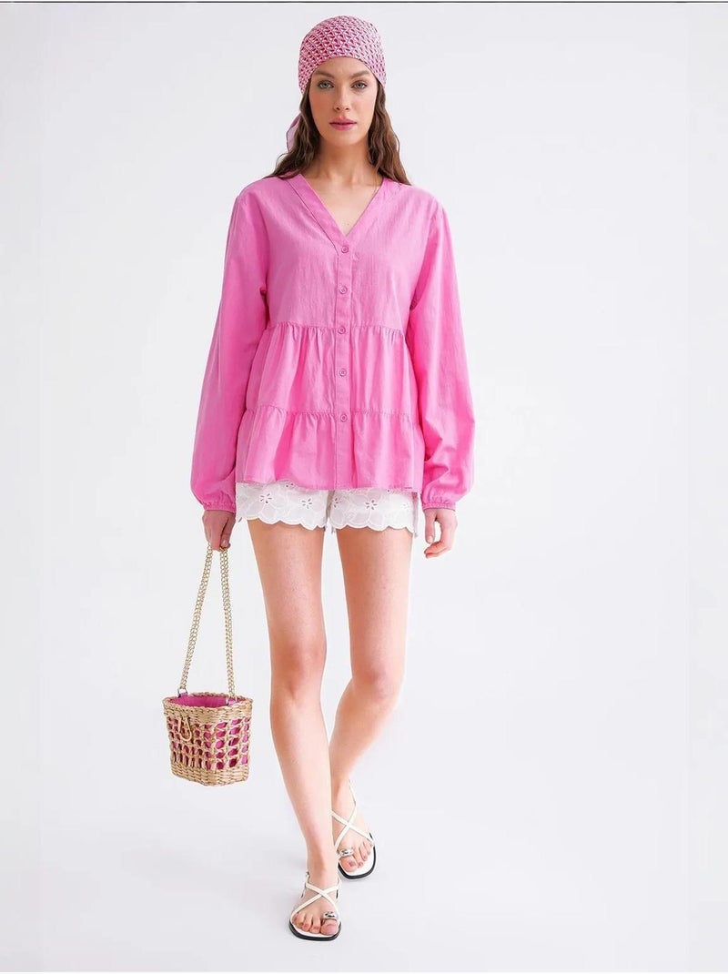 Chemise en coton à manches longues et col en v à volants mixray Rose pâle - Kiabi
