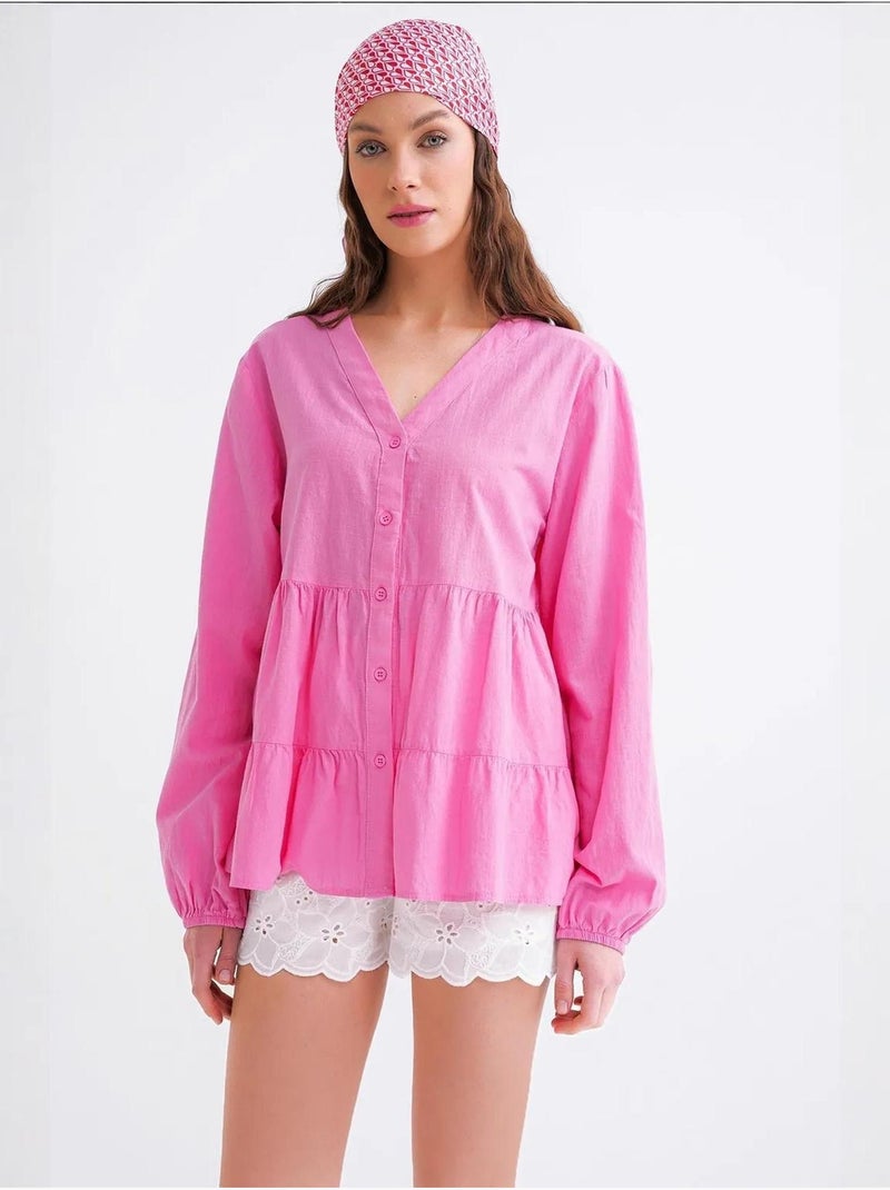 Chemise en coton à manches longues et col en v à volants mixray Rose pâle - Kiabi