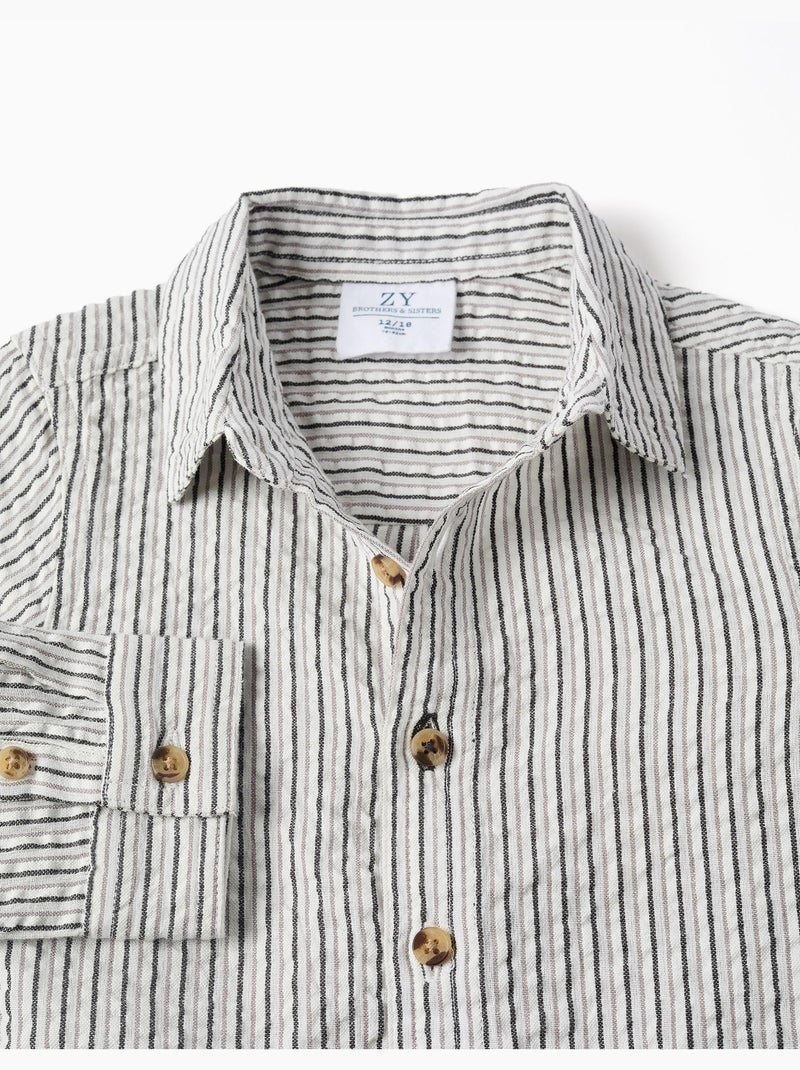 Chemise en coton à manches longues et rayures B&S Blanc - Kiabi