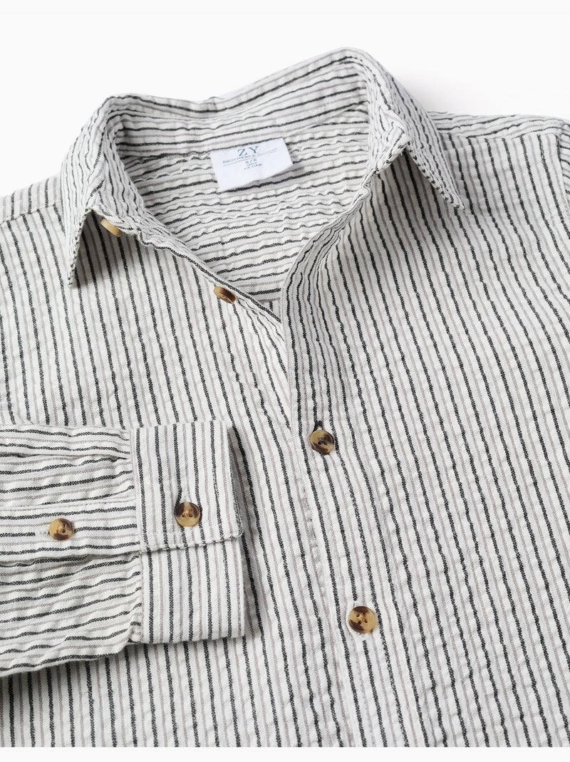 Chemise en coton à manches longues et rayures B&S Blanc - Kiabi