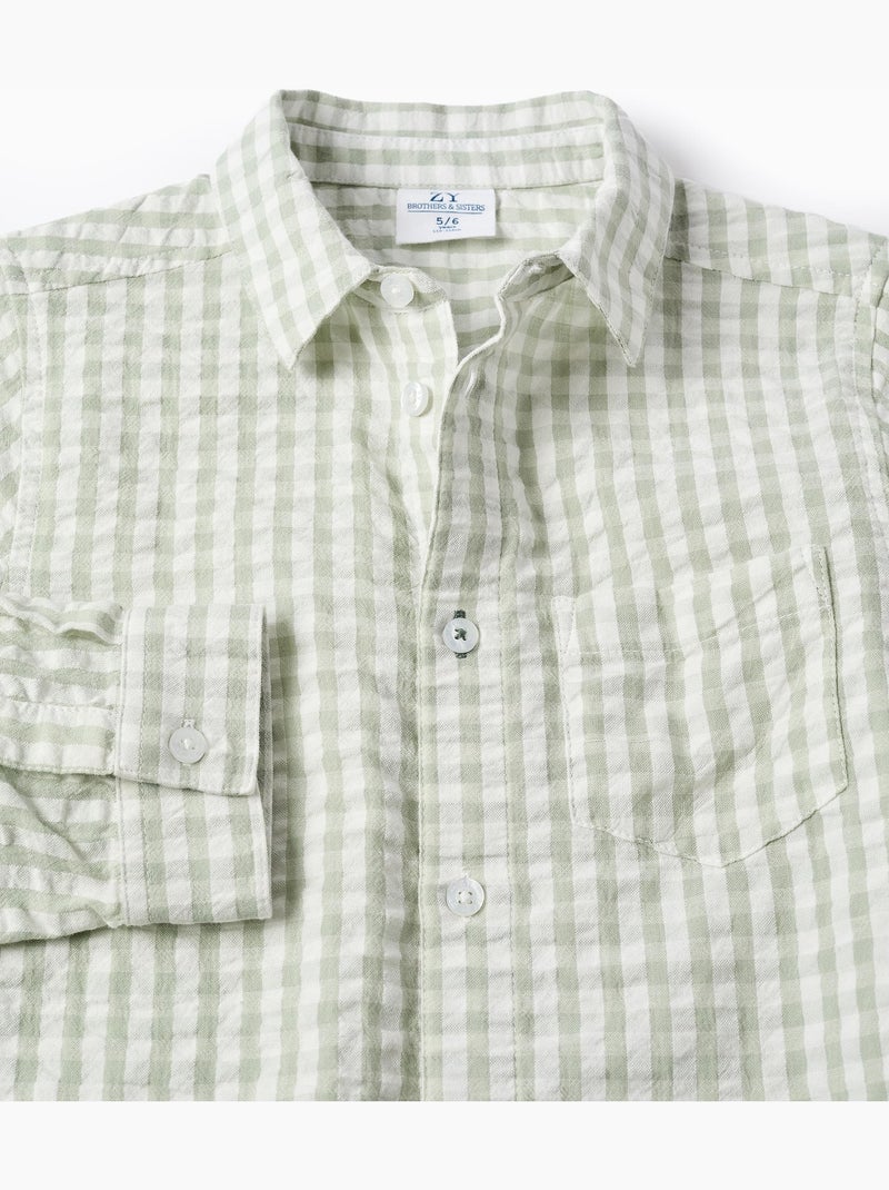 Chemise en coton à manches longues et Vichy B&S Vert clair - Kiabi