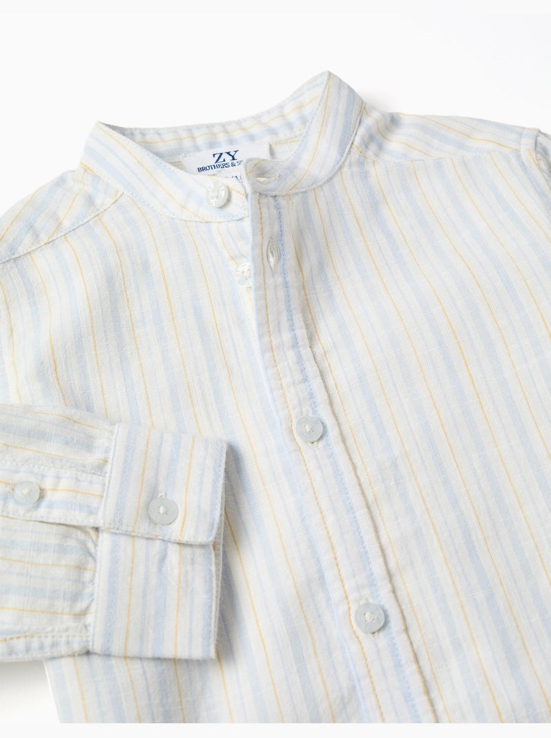 Chemise en coton à rayures et col mao B&S Bleu clair - Kiabi