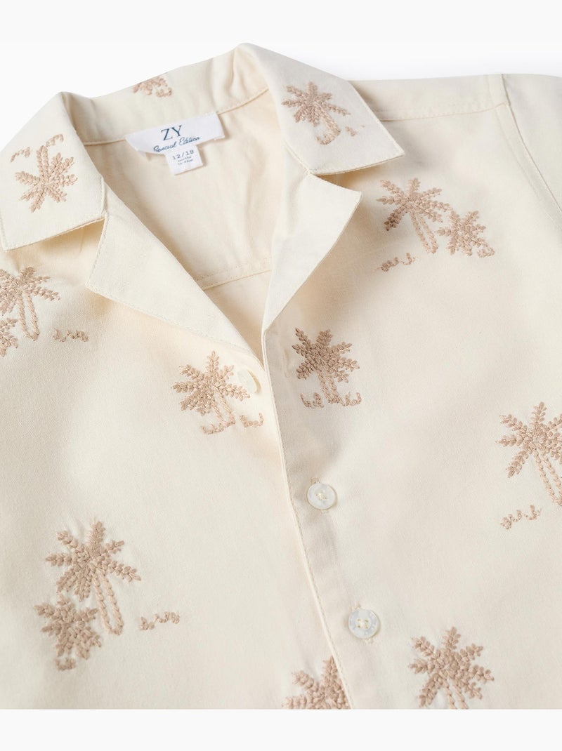 Chemise en coton avec palmiers brodés Blanc - Kiabi