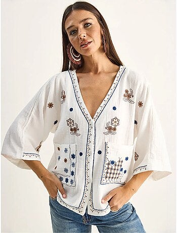 Chemise en coton crêpe brodée à col v lucci