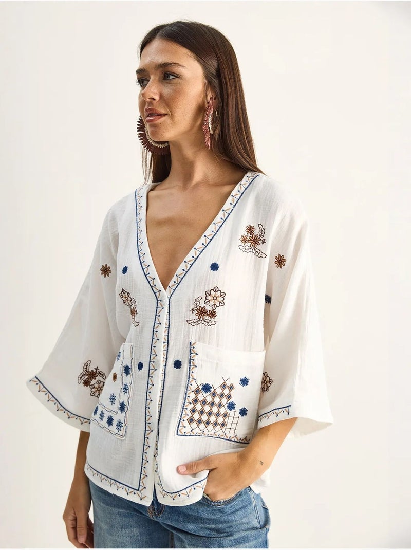 Chemise en coton crêpe brodée à col v lucci Blanc - Kiabi