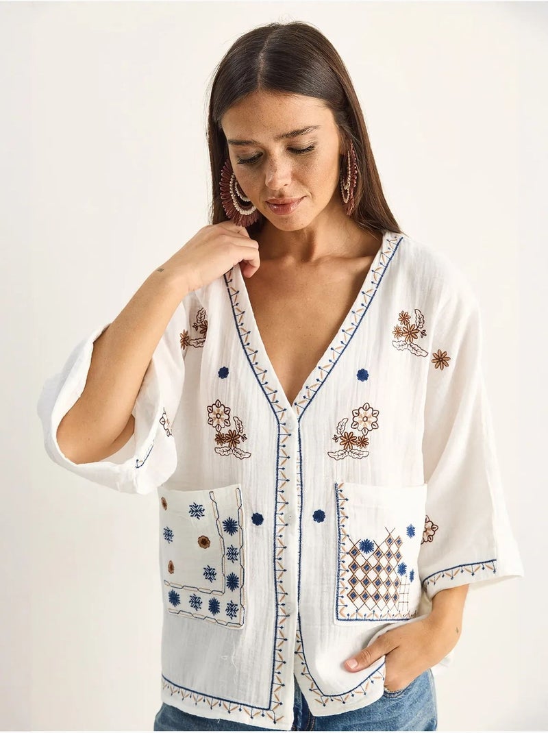 Chemise en coton crêpe brodée à col v lucci Blanc - Kiabi