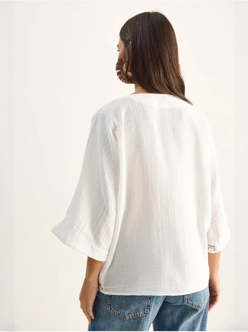 Chemise en coton crêpe brodée à col v lucci Blanc - Kiabi