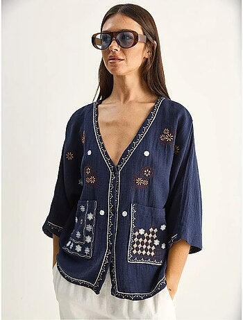 Chemise en coton crêpe brodée à col v lucci