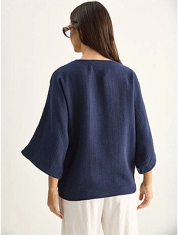 Chemise en coton crêpe brodée à col v lucci
