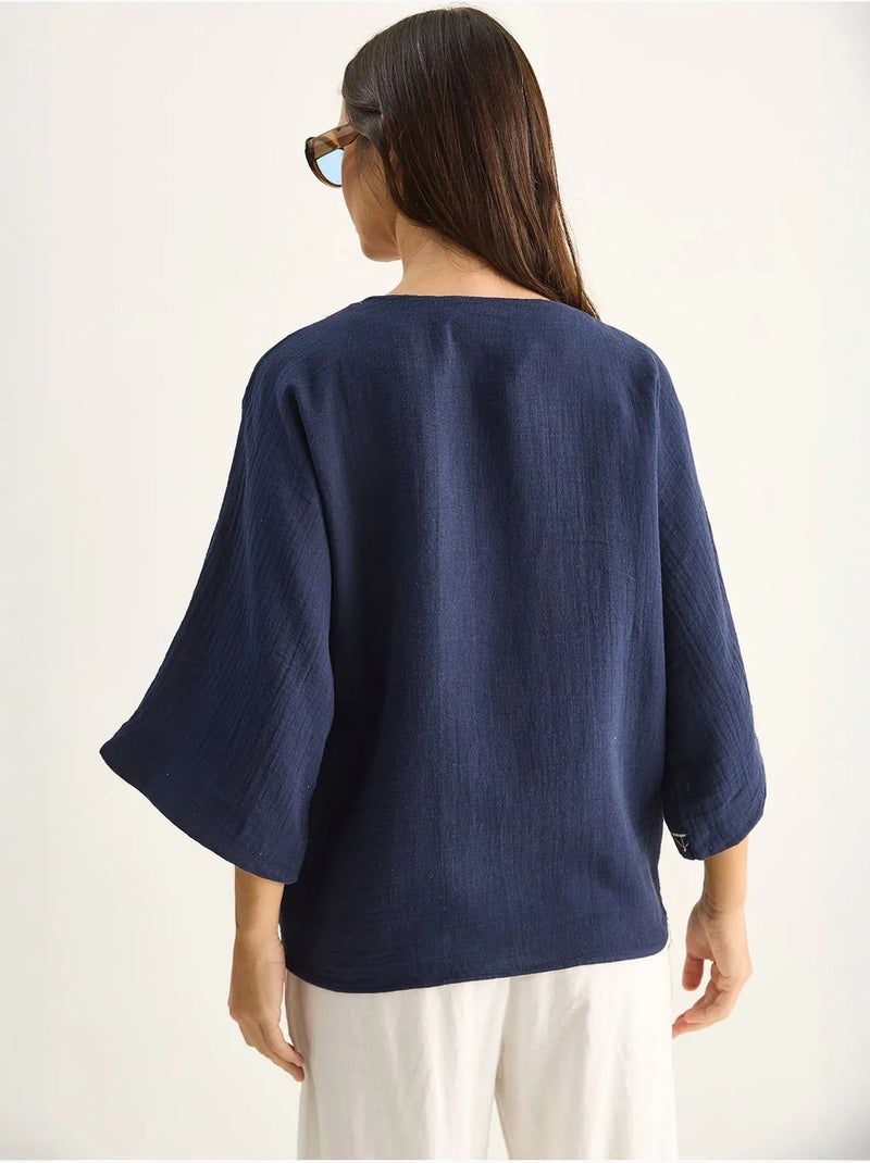 Chemise en coton crêpe brodée à col v lucci Bleu marine - Kiabi