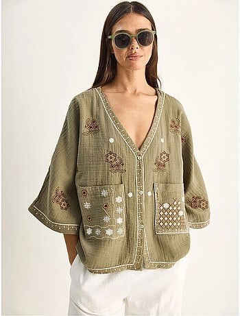Chemise en coton crêpe brodée à col v lucci