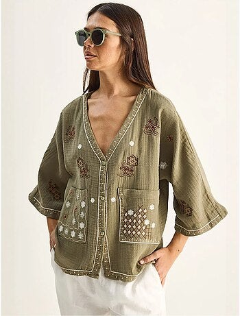 Chemise en coton crêpe brodée à col v lucci