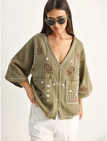 Chemise en coton crêpe brodée à col v lucci