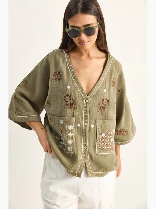 Chemise en coton crêpe brodée à col v lucci - Kiabi