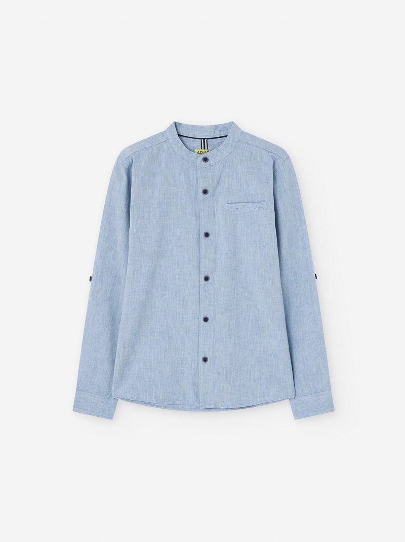 Chemise en Coton et Lin avec Col Mao Bleu - Kiabi