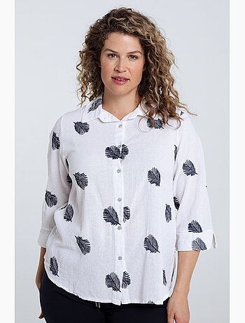 Chemise en coton unie avec feuilles brodées