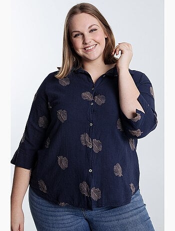 Chemise en coton unie avec feuilles brodées