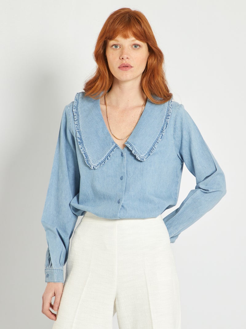 Chemise en denim avec large col volanté Bleu - Kiabi