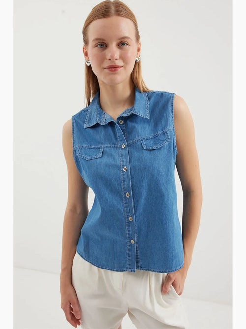Chemise en denim sans manches en coton bdart - Kiabi Chemise en denim sans manches en coton bdart - Kiabi