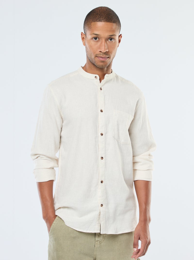 Chemise en flanelle uni avec un col mao Beige - Kiabi