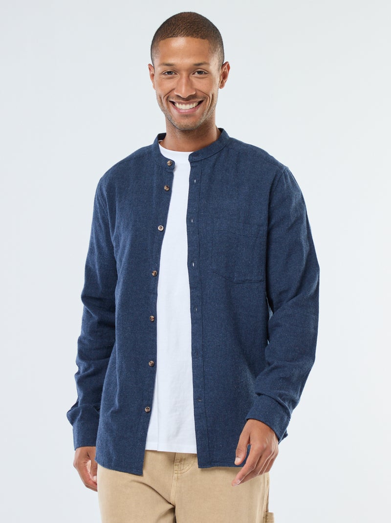 Chemise en flanelle uni avec un col mao Bleu - Kiabi