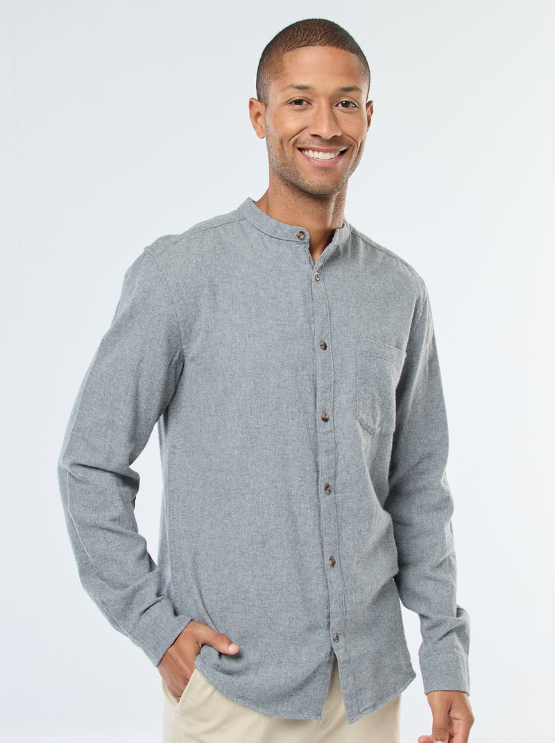 Chemise en flanelle uni avec un col mao Gris - Kiabi