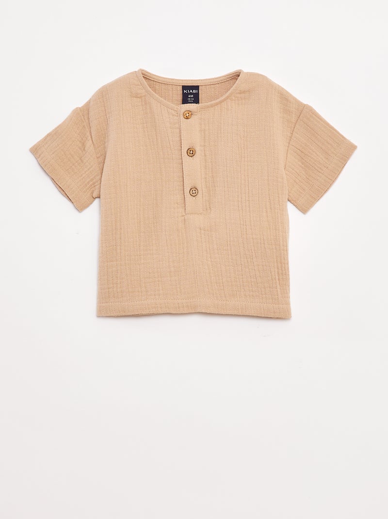 Chemise en gaze de coton à manches courtes Beige - Kiabi