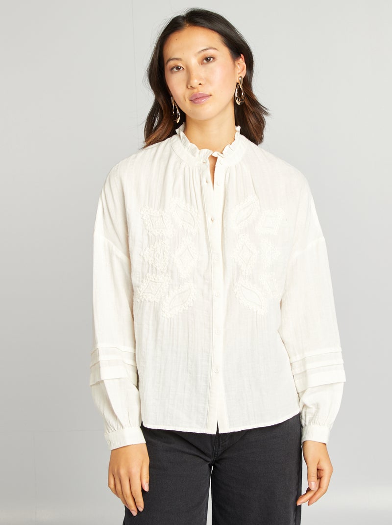 Chemise en gaze de coton brodée Beige - Kiabi