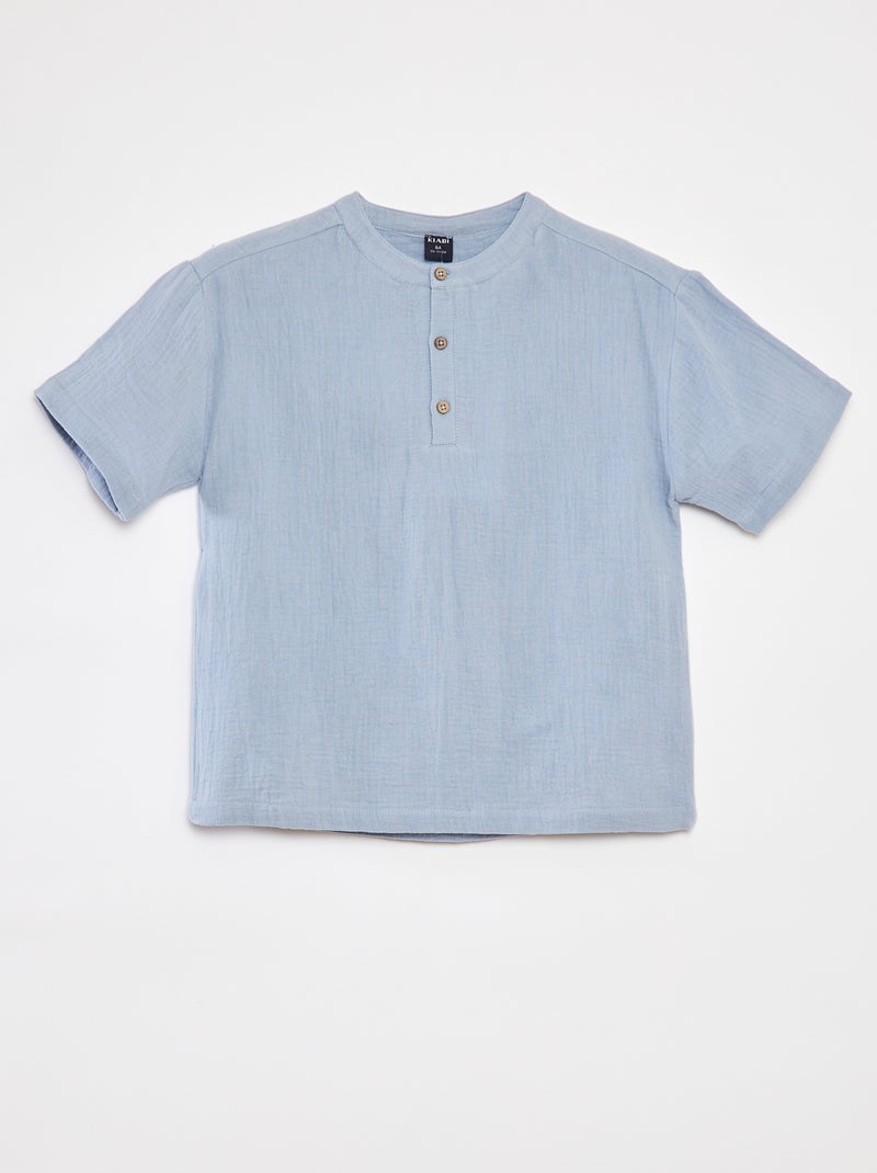 Chemise en gaze de coton col tunisien BLEU - Kiabi