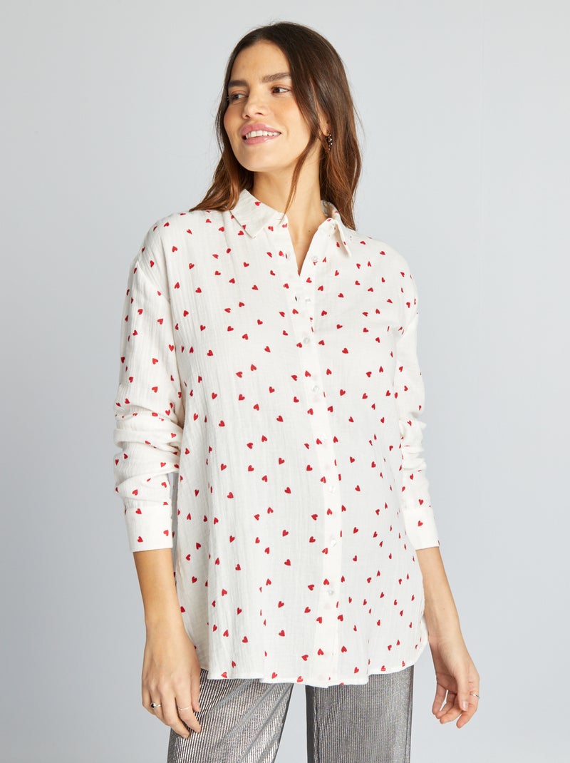 Chemise en gaze de coton d'allaitement Blanc/rouge - Kiabi