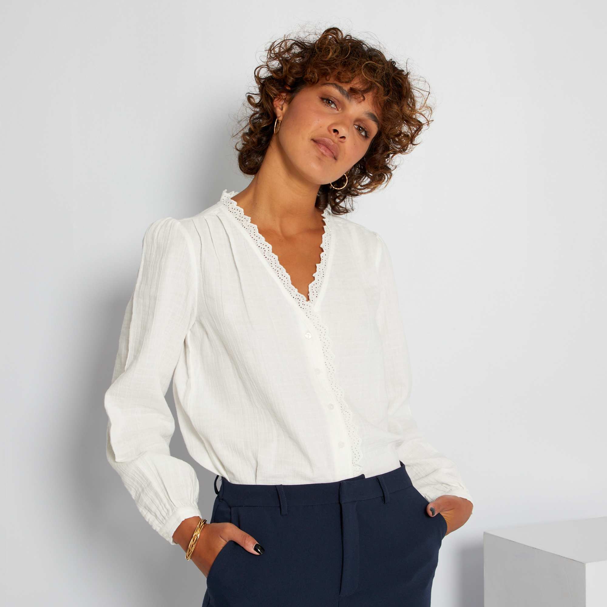 Chemise en gaze de coton et broderie anglaise femme - écru - Kiabi - 15,00€