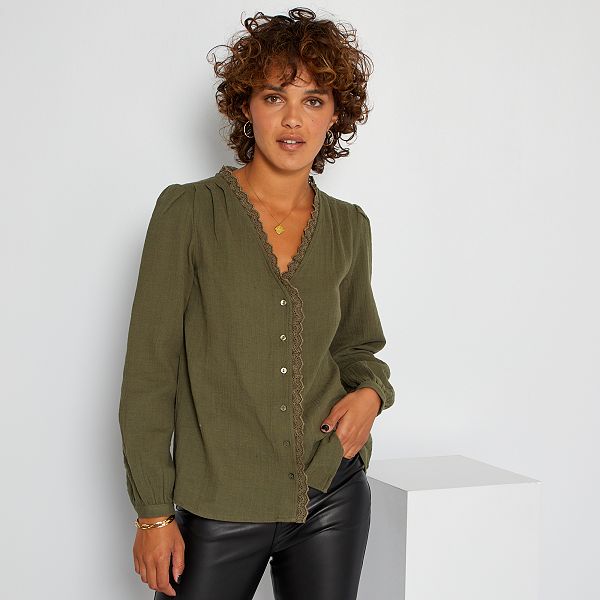 Chemise en gaze de coton et broderie anglaise femme - kaki - Kiabi - 15,00€