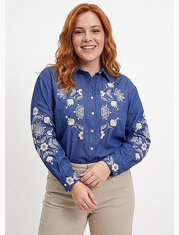 Chemise en jean avec broderies fleurs - afibel