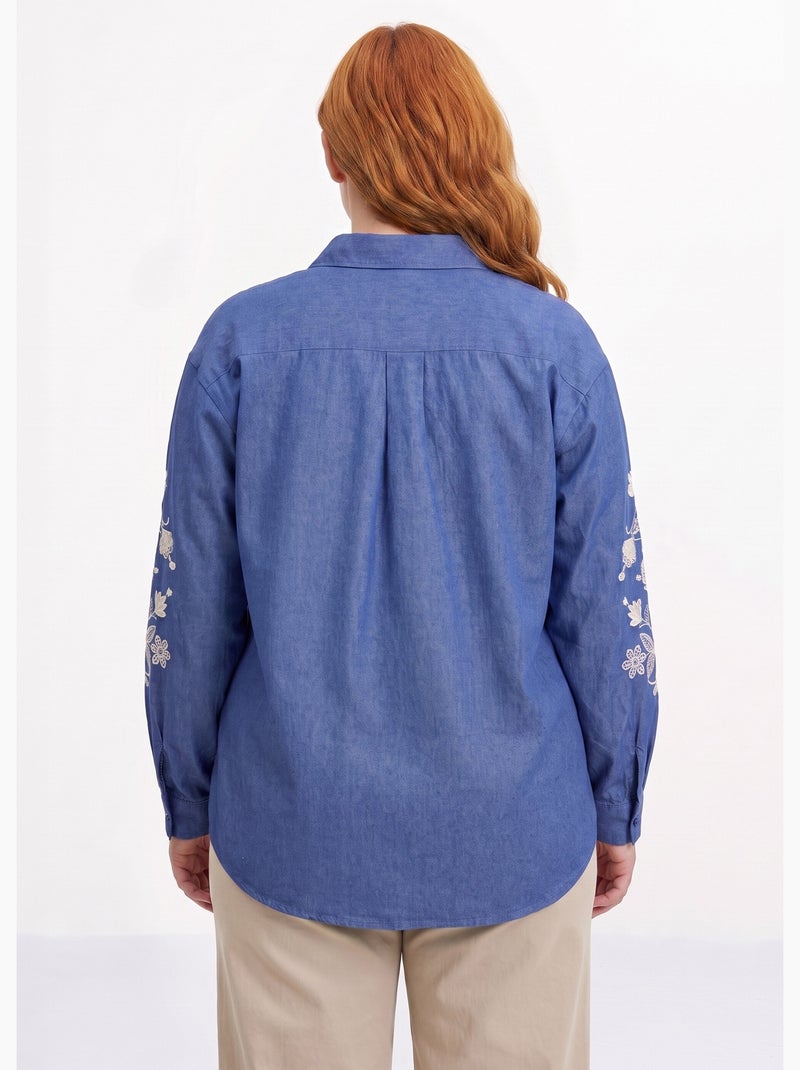 Chemise en jean avec broderies fleurs - afibel Bleu jean - Kiabi