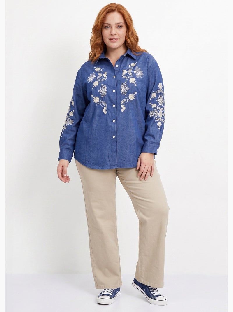 Chemise en jean avec broderies fleurs - afibel Bleu jean - Kiabi