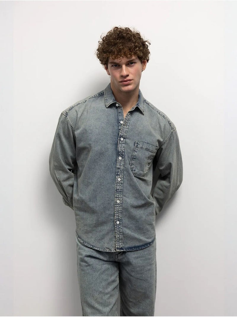 Chemise en jean coupe classique boutonnée avec poche giesto Bleu clair - Kiabi