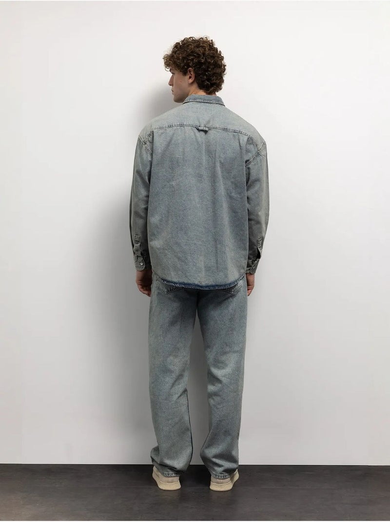 Chemise en jean coupe classique boutonnée avec poche giesto Bleu clair - Kiabi