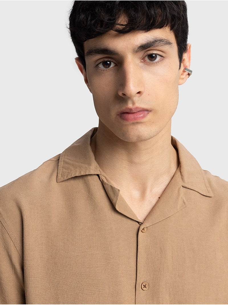 Chemise en lin à boutons, coupe classique, col ouvert, style giesto Grège - Kiabi