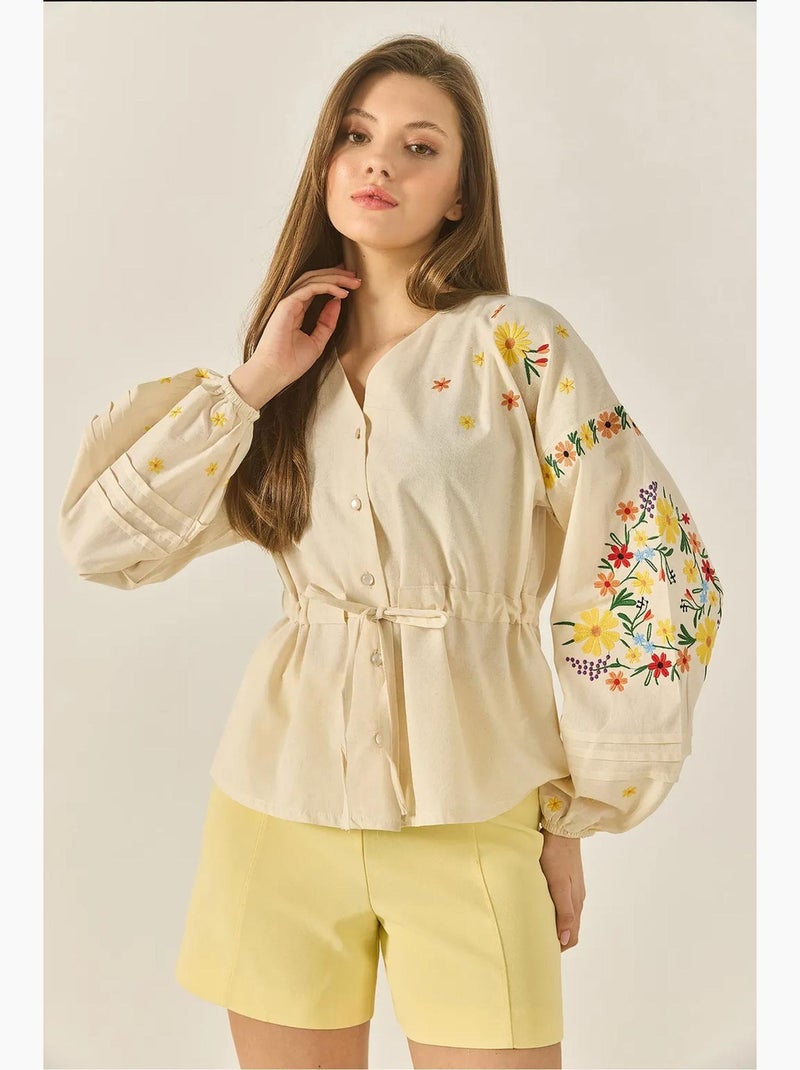 Chemise en lin à col en v brodée et poignets élastiques lucci Beige argile - Kiabi