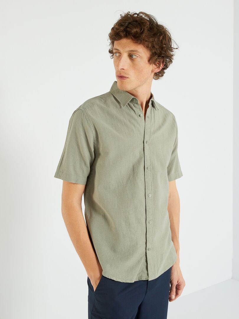 Chemise en lin à manches courtes Vert gris - Kiabi