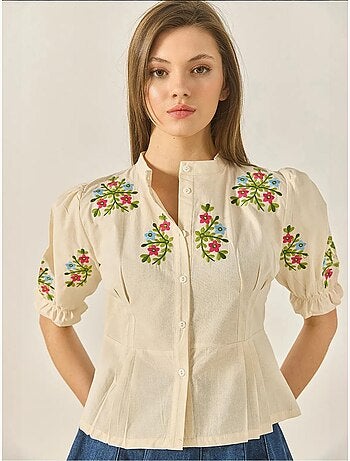 Chemise en lin à manches élastiques et broderie florale bianco lucci