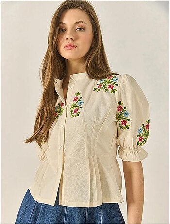 Chemise en lin à manches élastiques et broderie florale bianco lucci